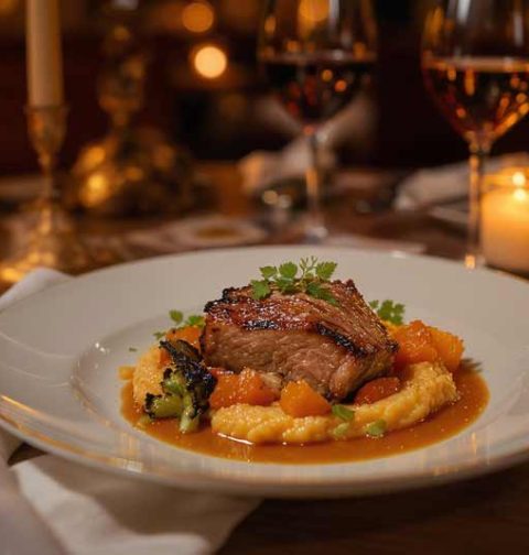 Varkensfilet op een bedje van pompoenpuree met geglaceerde wortel en gebakken groene asperge maken
